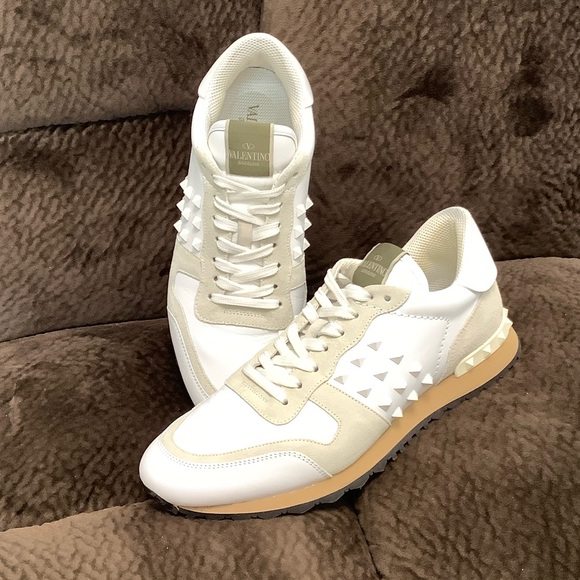 Valentino Garavani Beige and White Studded Sneakers Size 43.5
